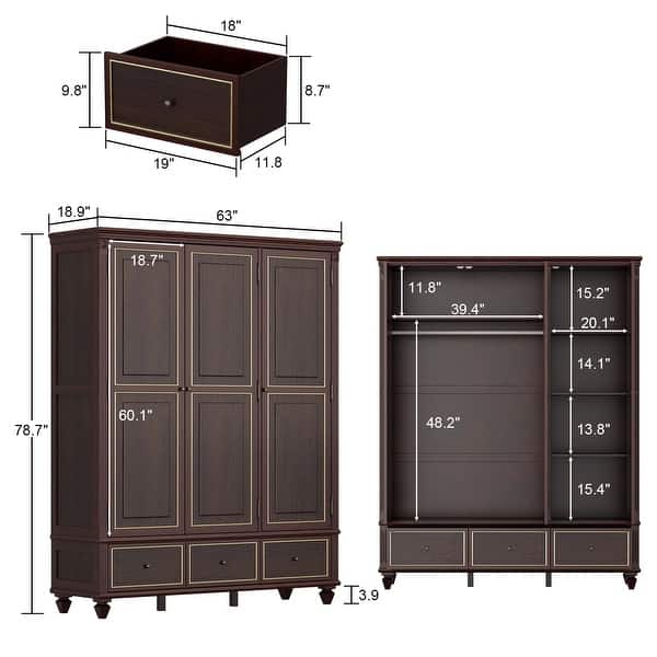 Wardrobe Armoire with 3 Doors Shelves 4 Drawers 1 Hanging Rod Storage ...