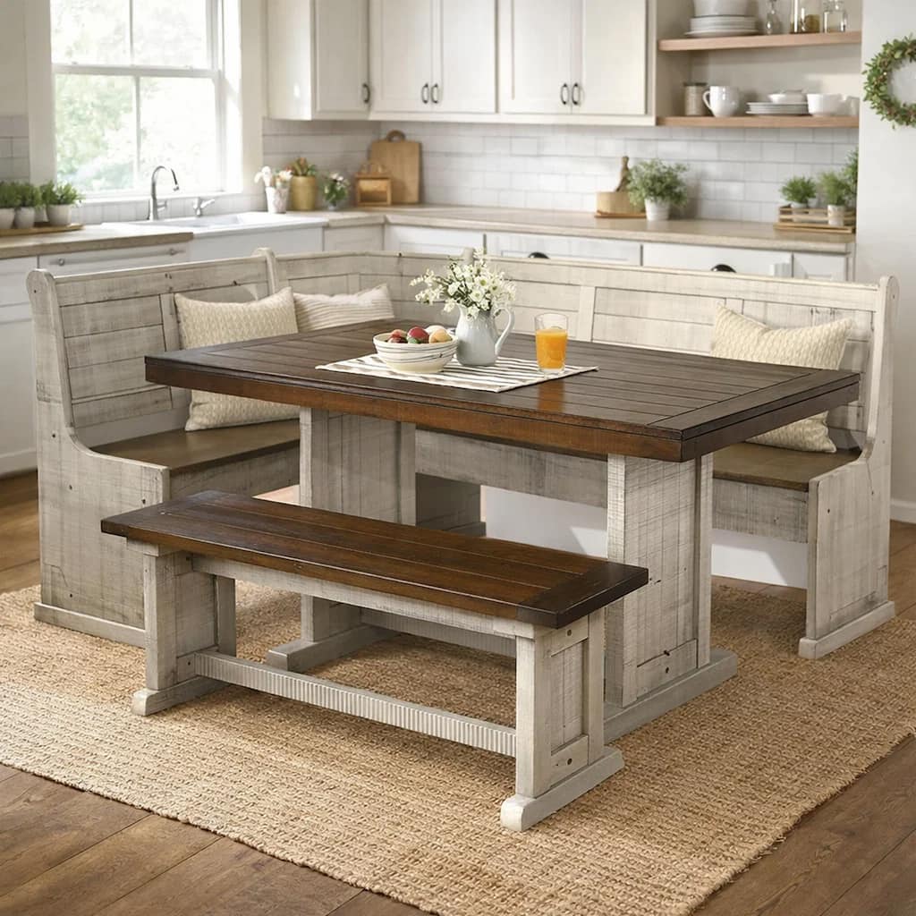 Camie 4pc Corner Breakfast Nook Set, Gray Brown Dining Table and Bench