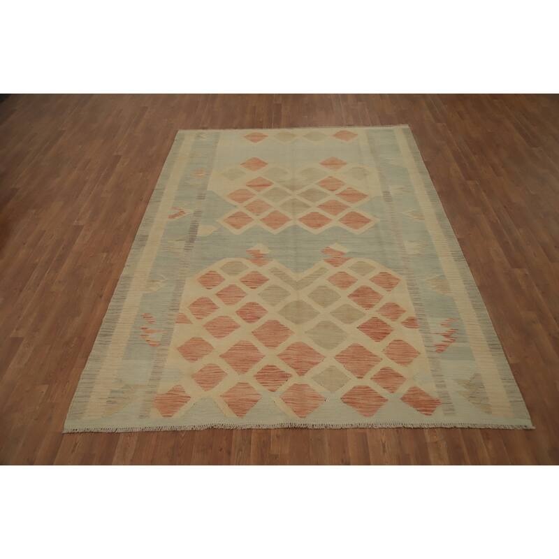 Hand Woven Oriental 100% Wool Carpet Southwestern Tribal Beige & Ivories Kilim Area Rug - 9' 7'' X 6' 10''