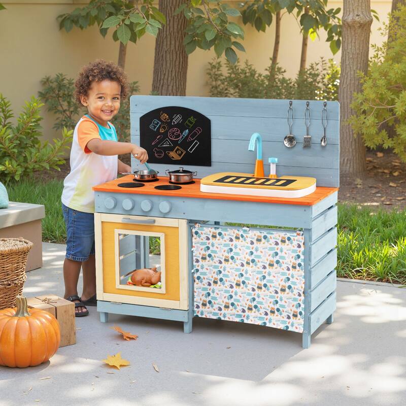 Wooden Toy Kitchen Playset with Removable Circulation Faucet and Cooking Accessories-Blue - Multi