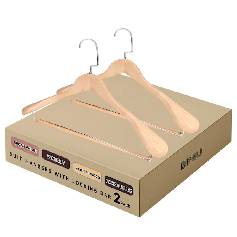 BP4U Premium Wide Shoulder Wooden Suit Hangers, Heavy-Duty Non-Slip Solid Wood Coat Hangers with Locking Bar - 2-Pack - Natural Wood
