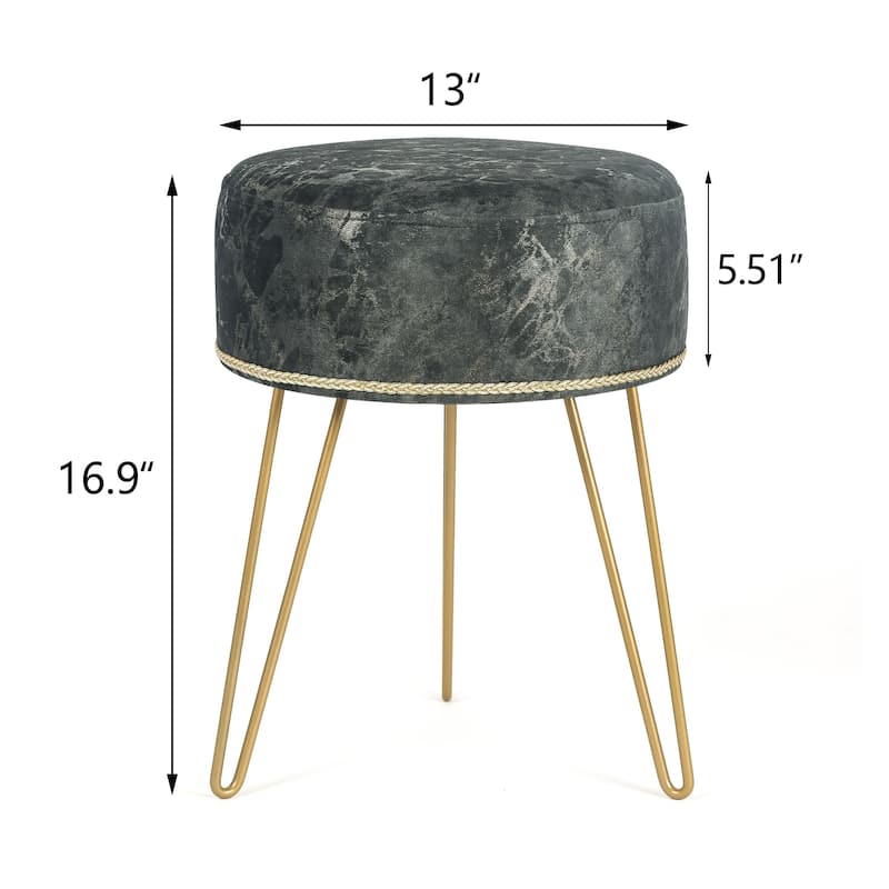 Adeco Footstool Round Ottoman Velvet Dressing Stool Gold Metal Legs