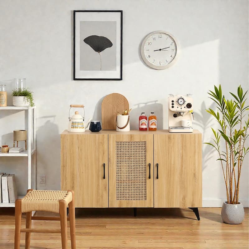 45" Three-Door Storage Cabinet with Natural Rattan Mesh, Large Kitchen Sideboard for Living Room, Dining Room, or Restaurant - Natural