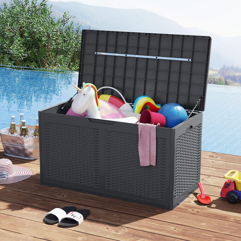 100 Gallon Outdoor Lockable Lid Deck Box with Wheels and Bench Seating for Patio Storage or Backyard Use - Gray
