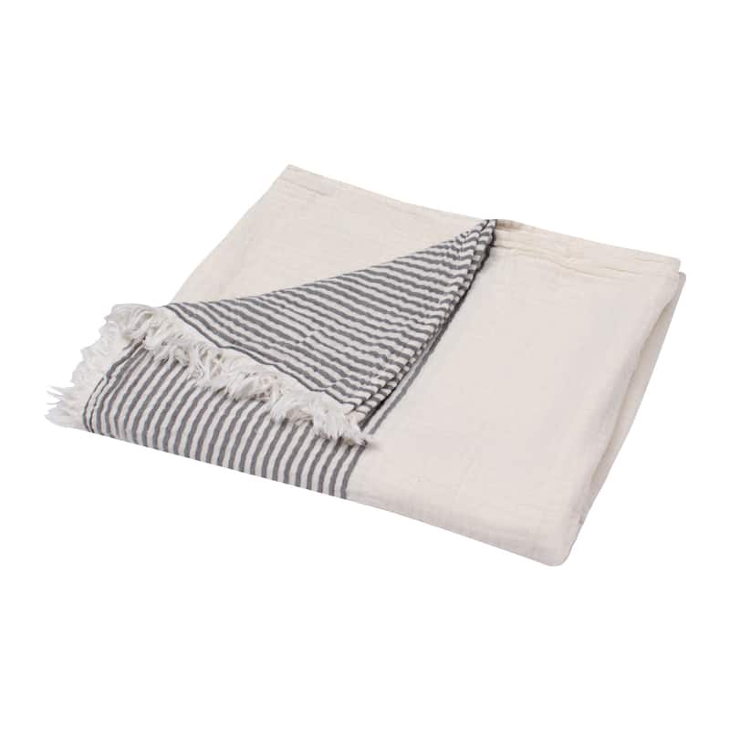 HomeRoots 47" X 60" Gray and Ivory Cotton Woven Striped Throw Blanket with Fringe