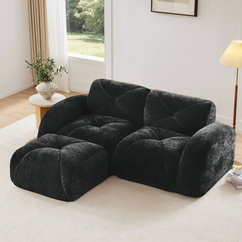 Rossetta 80'' Ergonomic Design Soft Velvet L-Shaped Boneless Sofa with 1 Movable Ottoman - Black