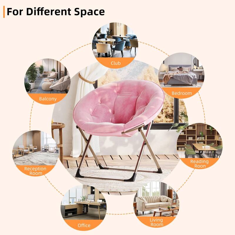 Comfy Folding Saucer Chair for Bedroom, Faux Fur Lounge Moon Chair with Sturdy Metal Frame, Oversized Plush Flower