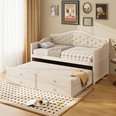 Twin Size Wooden Daybed with Trundle and 2 Drawers, Upholstered Backrest