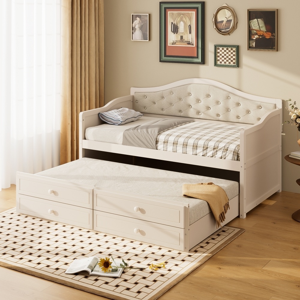 Twin Size Wooden Daybed with Trundle and 2 Drawers, Upholstered Backrest