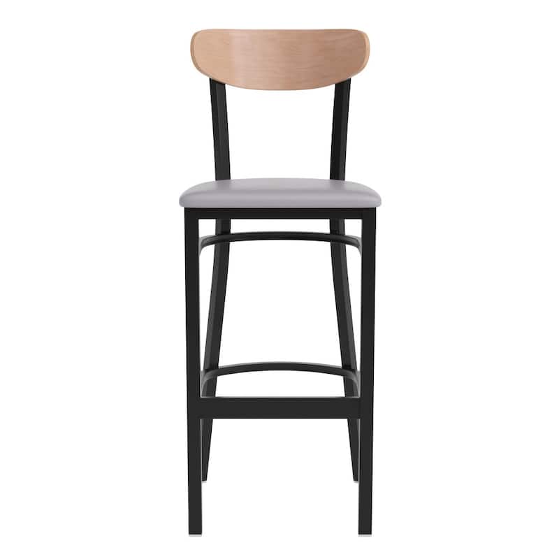 Commercial Metal Barstool with Wood Seat and Boomerang Back