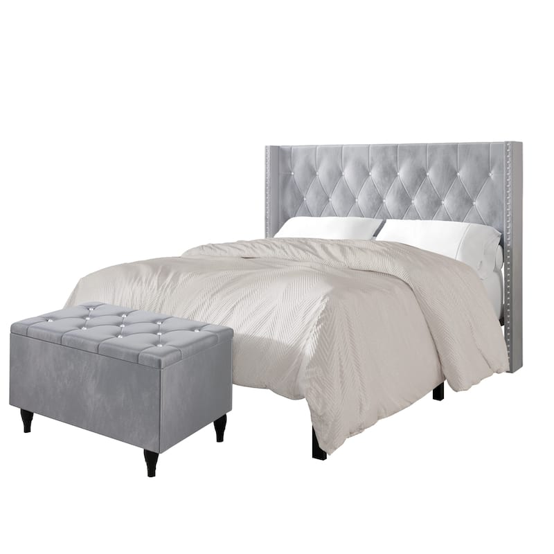 CraftPorch 2 Piece Bedroom Bench Set Velvet Wingback Upholstered Bed