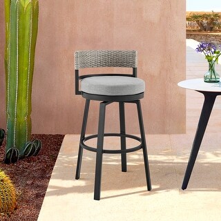 Encinitas Outdoor Patio Counter or Bar Height Bar Stool in Aluminum with Wicker and Grey Cushions