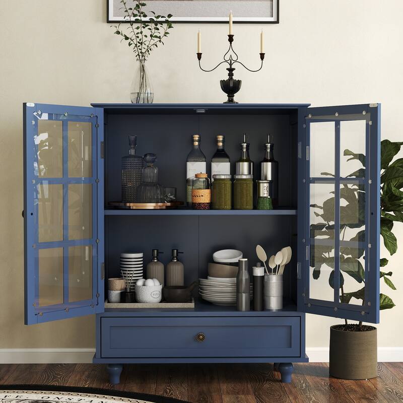 Buffet Cabinet with Double Glass Doors and Drawer, Modern Wooden Storage Sideboard Cupboard for Living room, Dining Room