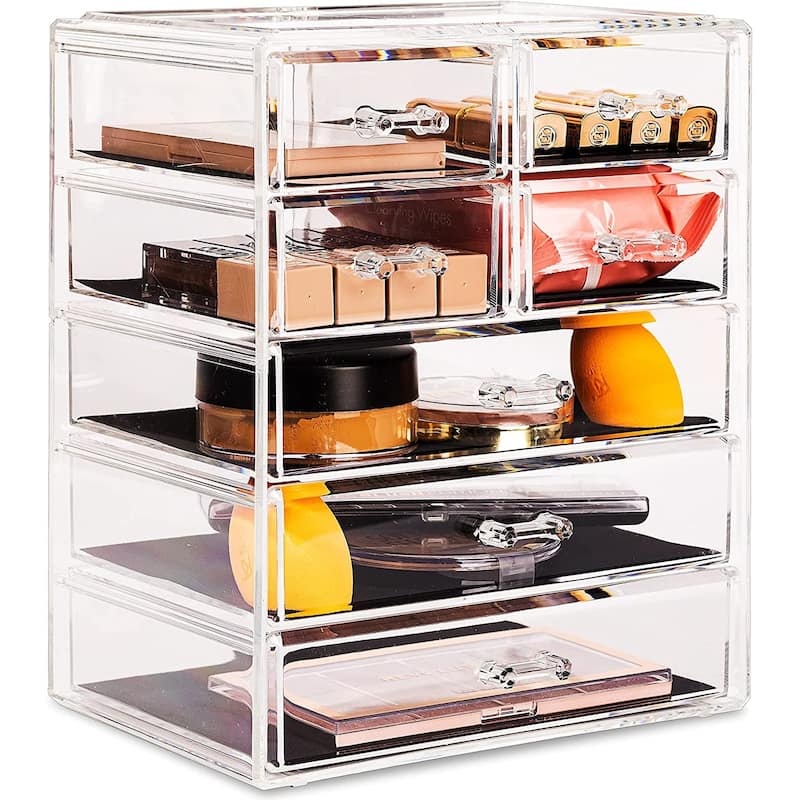 Sorbus Cosmetics and Jewelry Big Storage Case Display - Stylish Vanity, Bathroom Case (3 Large, 4 Small Drawers) - Clear