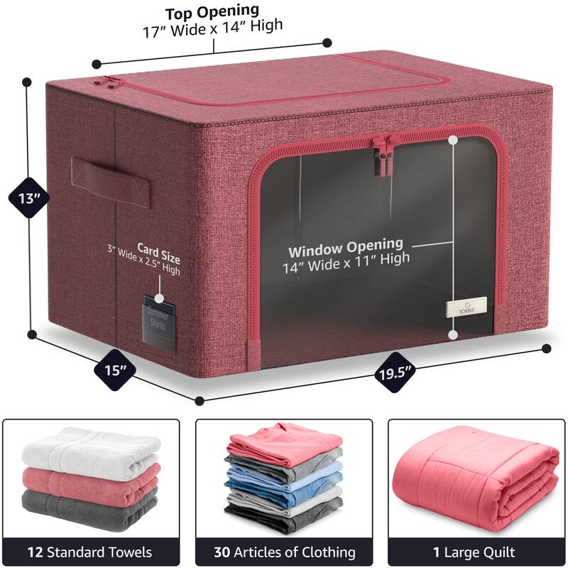 Sorbus Storage Bins with Metal Frame Stackable Foldable Clothes Organizer Bags Oxford Fabric With Clear Window & Handles- 4Pk