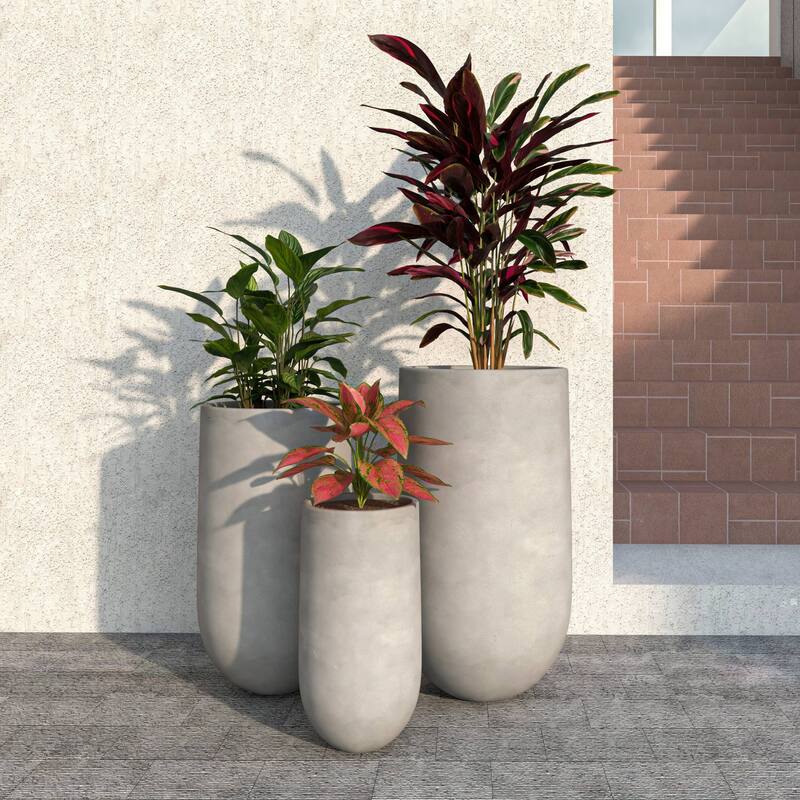 Topiary 3-Piece Modern Cylinder Fiberstone and MgO Clay Planter Set w Drainage Holes for Indoor Outdoor Home Office Garden Porch