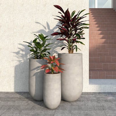 Topiary 3-Piece Modern Cylinder Fiberstone and MgO Clay Planter Set w Drainage Holes for Indoor Outdoor Home Office Garden Porch