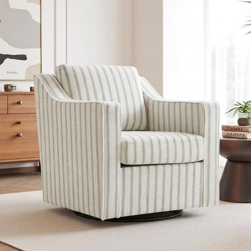 30" W Modern Accent Swivel Chair Comfy Upholstered Armchair - Pinstripe Light Blue/ Linen