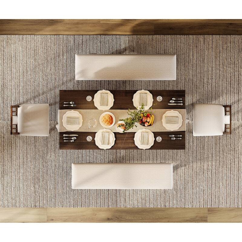 5-pieces Farmhouse Dining Table for 6, 74.8" Kitchen Table Set with 2 Benches and 2 Chairs, Solid Wood Legs and Cushion Seat