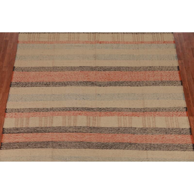 Hand Woven Oriental 100% Jute Carpet Modern Stripe Beige & Ivories Kilim Area Rug - 10' 0'' X 8' 9''