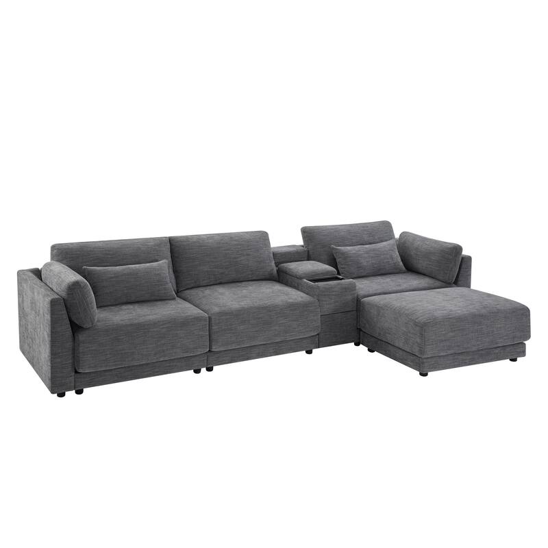 Chenille Reversible Sectional Sofa w/ Storage Console, Movable Ottoman