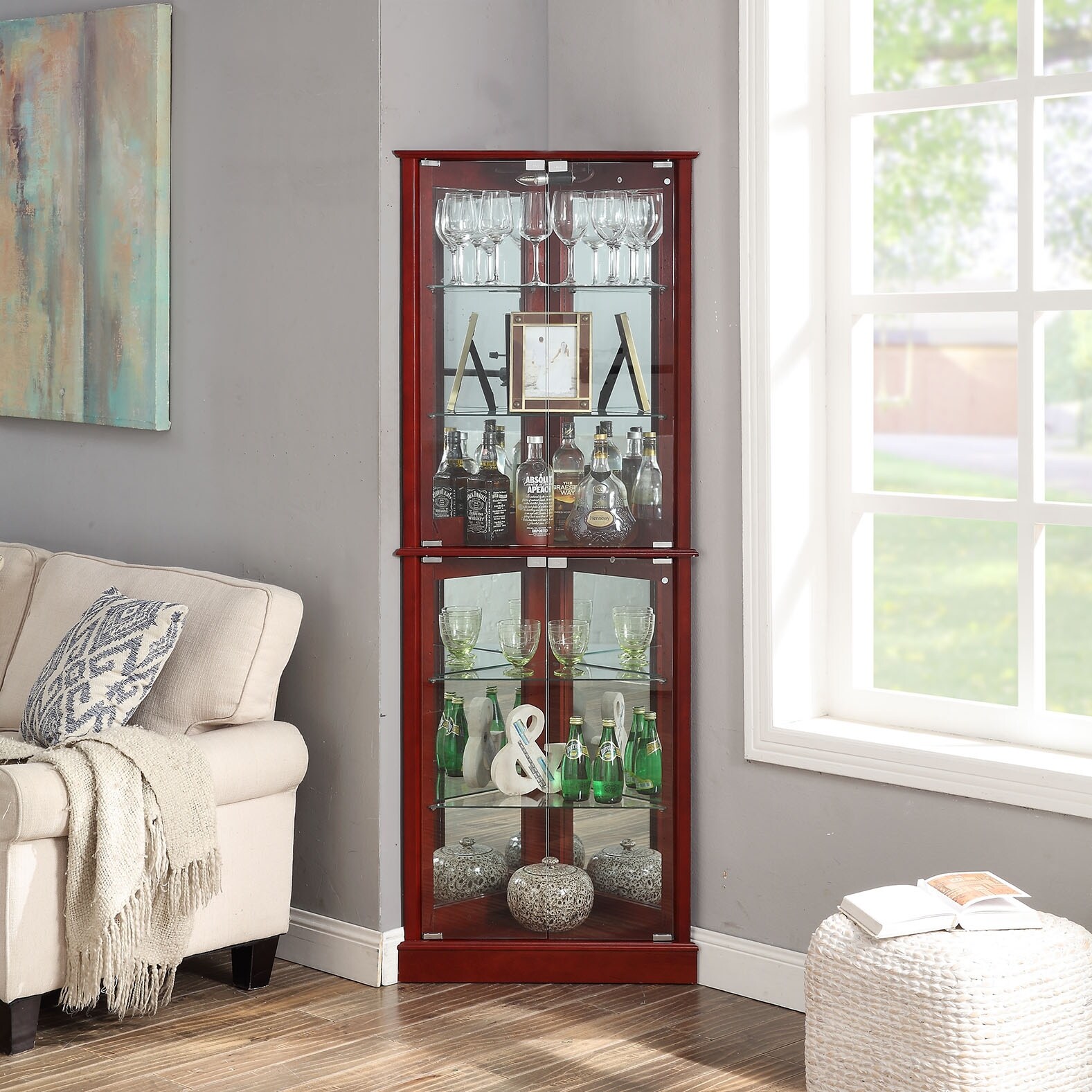 Shop Belleze Woody Corner Curio Cabinet Glass Door 6 Shelves