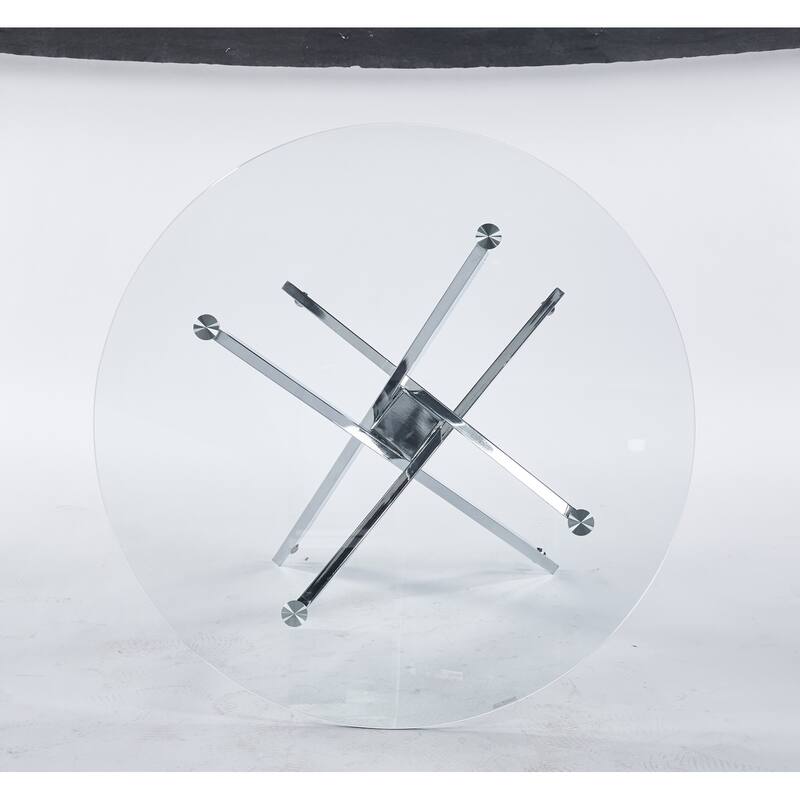 Dining Table with cross metal leg and tempered glass,Modern Space Saving Kitchen Table for Living Room,chrome legs - Chrome