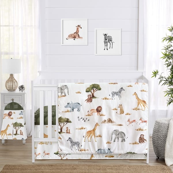slide 2 of 6, Jungle Animals 4pc Nursery Crib Bedding Set Hunter Green Yellow Grey Black and White Safari Animal Elephant Giraffe Lion Monkey