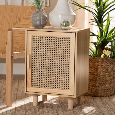 Baxton Studio Maclean Mid-Century Modern Rattan and Natural Brown Finished Wood 1-Door End Table
