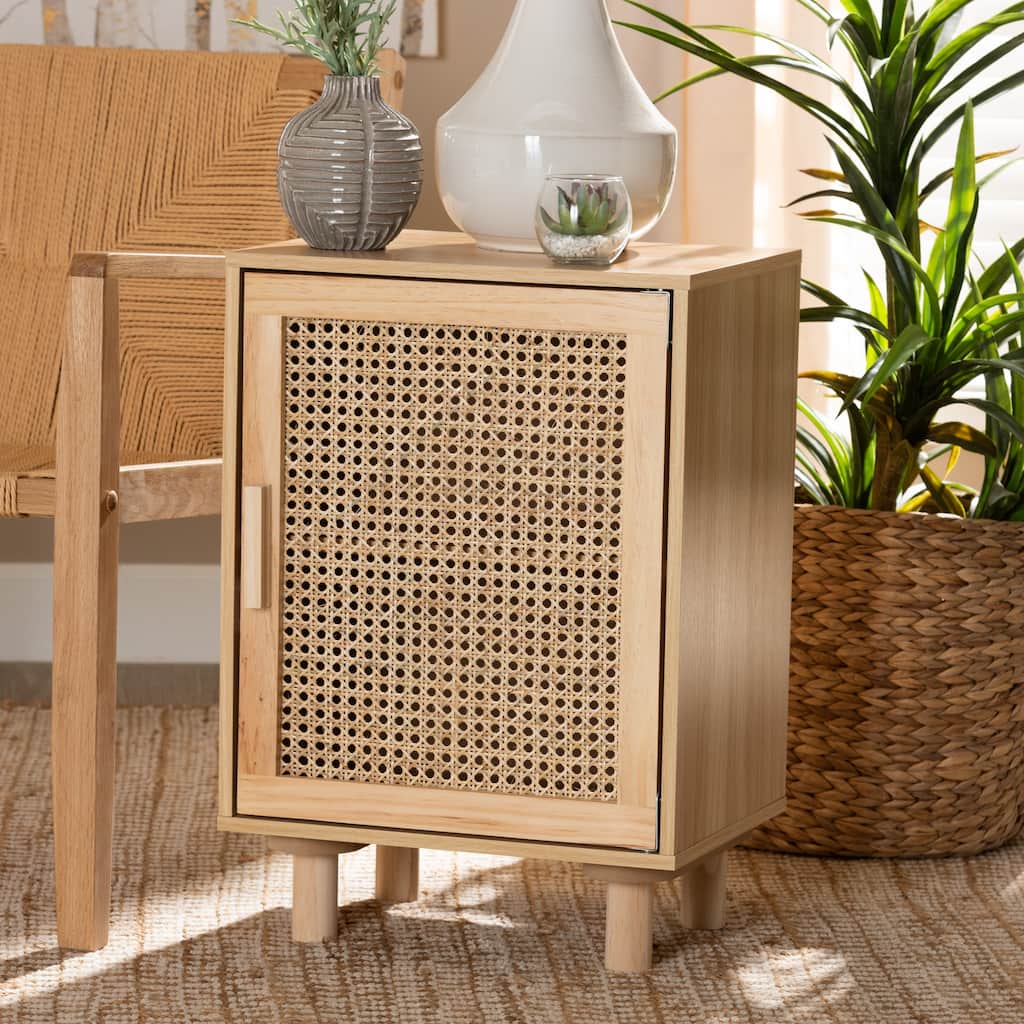 Baxton Studio Maclean Mid-Century Modern Rattan and Natural Brown Finished Wood 1-Door End Table