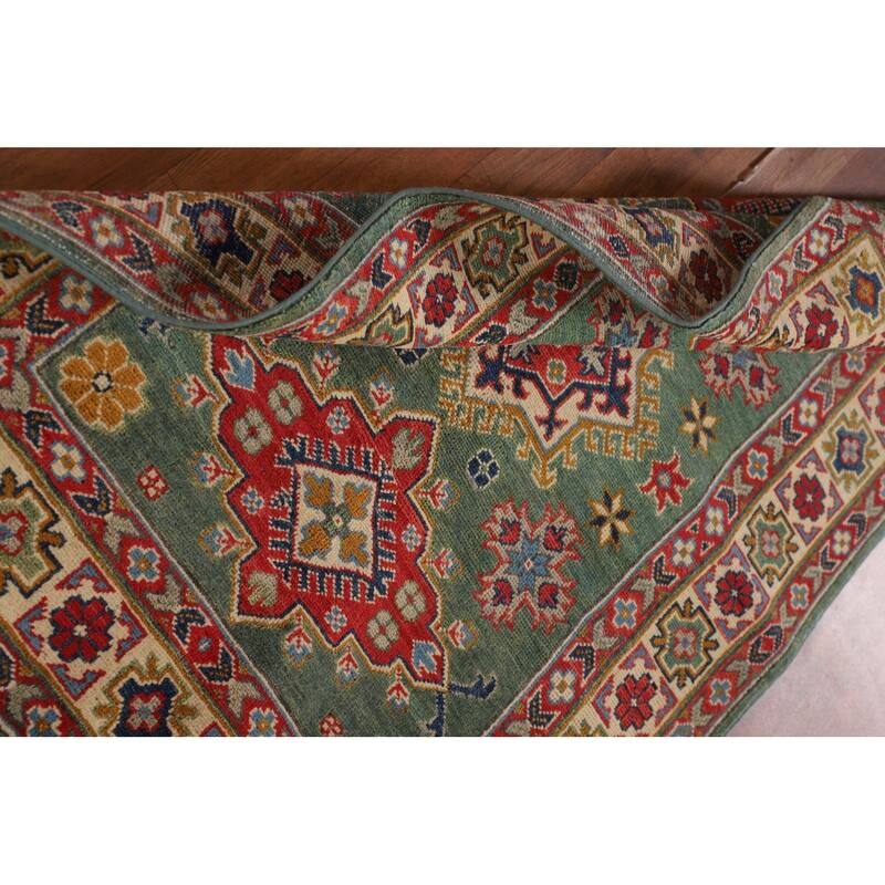 Green Geometric Kazak Accent Rug Handmade Oriental Wool Carpet - 3'4"x 4'10"