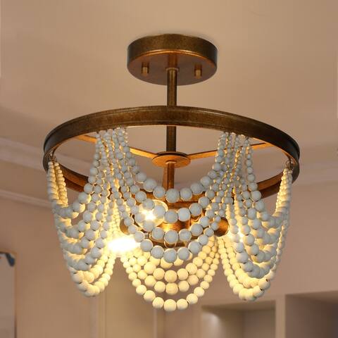 Renia Mid-century Modern Antique Gold Semi Flush Mount Ceiling Lights Dimmable Distressed White Wood Beads