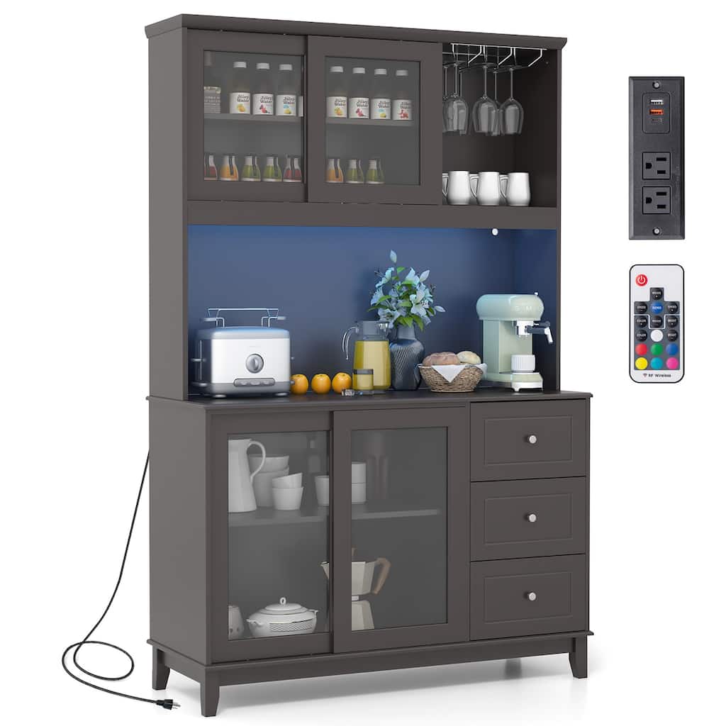 Gymax Kitchen Pantry Storage Cabinet Kitchen Hutch w/ LED lights &