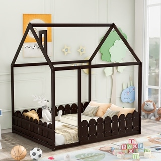(Slats Are Not Included) Espresso Full Size Wood Bed House Bed Frame with Fence for Kids Teens and Girls and Boys for Bedroom