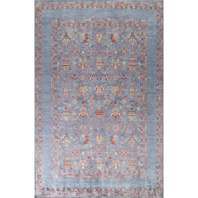 Hand Knotted Oriental 100% Wool Carpet Modern All-Over Navy Blue & Blues Art & Craft Area Rug - 12' 2'' X 8' 9''