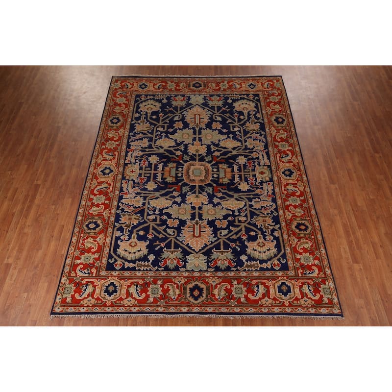 Heriz Serapi Indian Area Rug Hand-Knotted Blue Oriental Wool Carpet - 8'10" x 11'9"