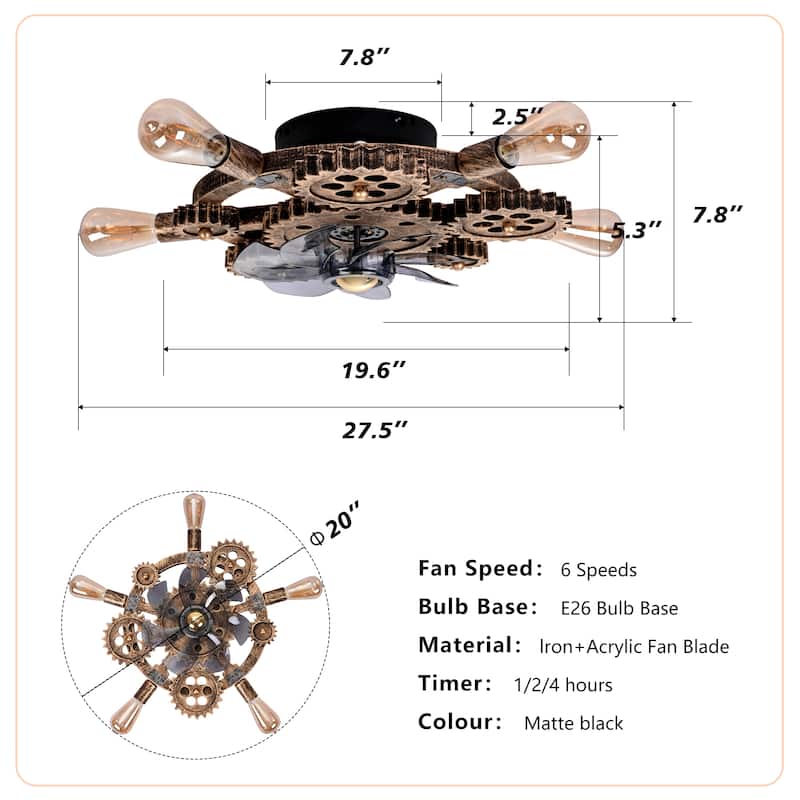19.6" Farmhouse ceiling fan light and remote, Industrial Caged Ceiling Fan Light, Retro Ceiling Fan Lights with 7 Blades
