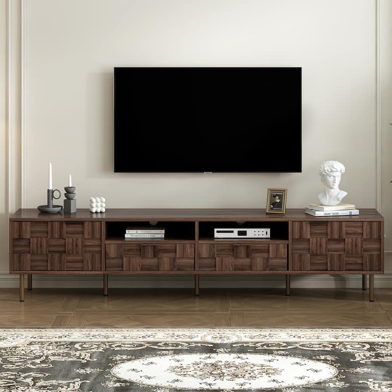 Mid-Century TV Stand with 2 Drawers, Vintage Wood Media Console for TVs up to 85'', Living Room Storage Cabinet w/ Open Shelves - Dark Brown