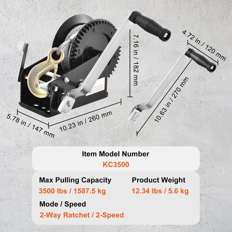 Hand Winch, 3500 lbs Pulling Capacity, Boat Trailer Winch Heavy Duty Rope Crank with 33 ft Steel Wire Cable