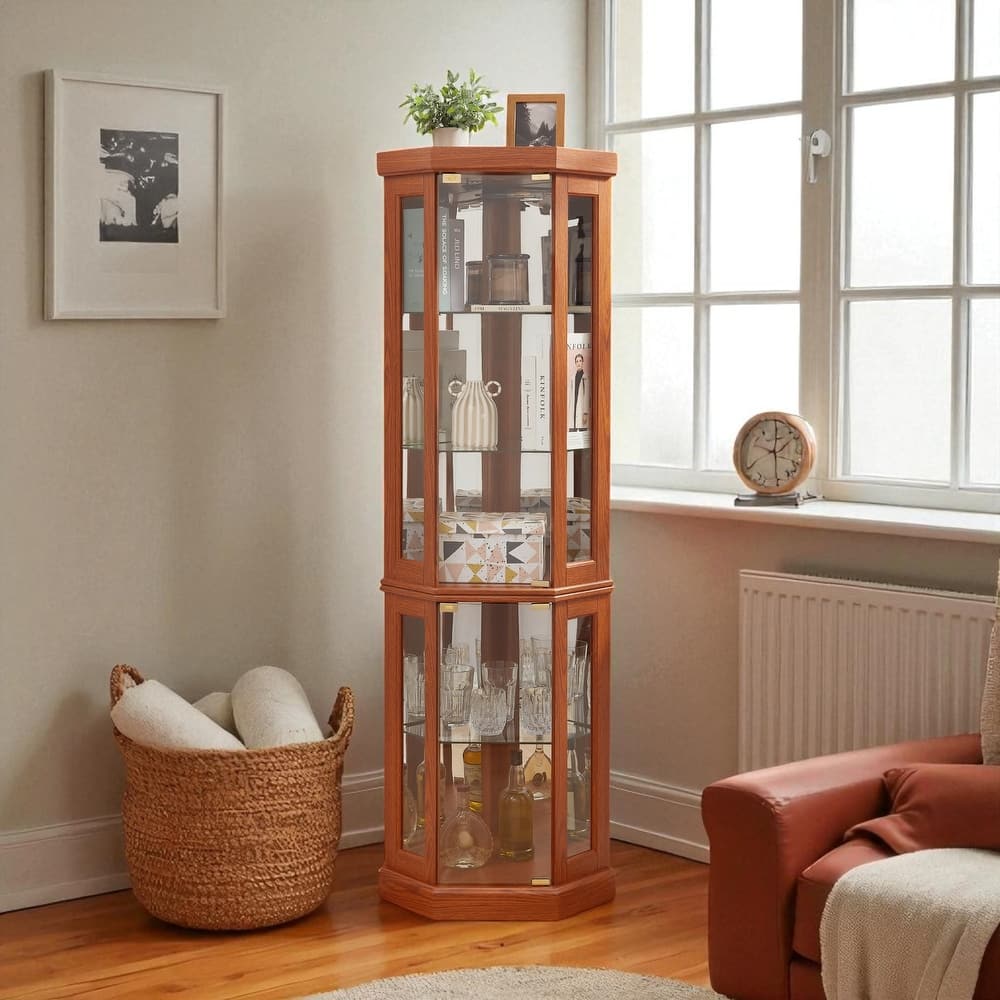 Lighted Corner Curio Cabinet with Glass Doors, Adjustable Shelves & Mirrored Back, Elegant Display Case for Collectibles