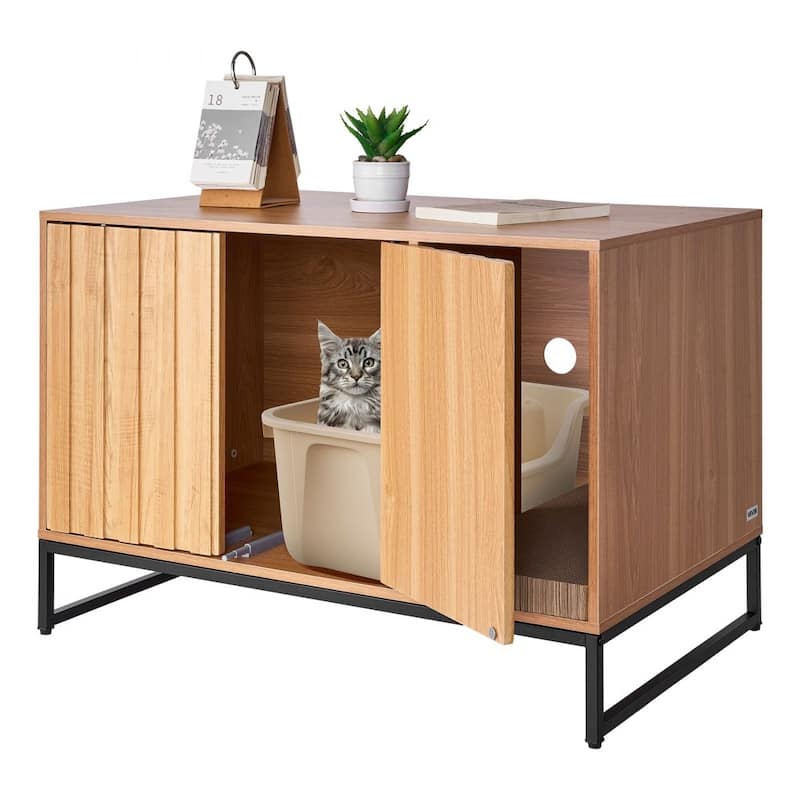 Natural Wooden Cat Litter Box Cabinet with Doors and Odor Control for Home Storage - 31.50 x 20.08 x 22.36 in