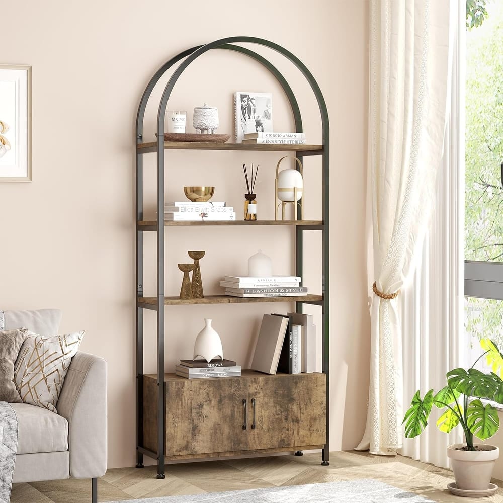 5 Levels Bookcase, Arched Shelf with Doors - 11D*31.5W*71.5H