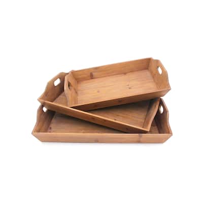 Rectangular Wooden Serving Tray with Cut Out Handles, Set of 3, Brown