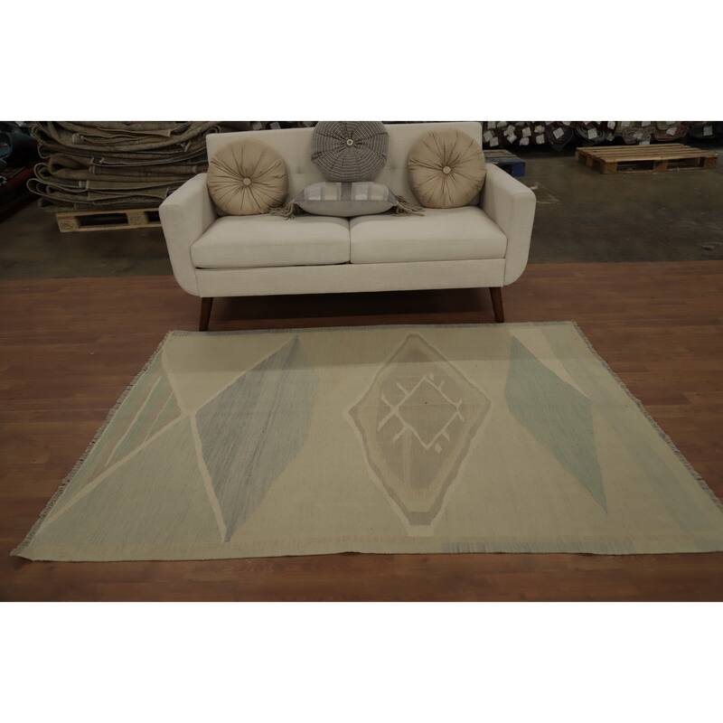 Hand Woven Oriental 100% Wool Carpet Southwestern Modern Beige & Ivories Kilim Area Rug - 6' 5'' X 4' 8''