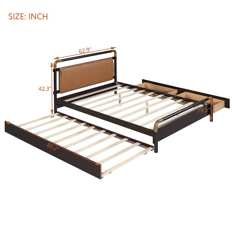 Queen Size Wooden Platform Bed with Upholstered Headboard, Solid Pinewood Storage Bed Frame with 2 Drawers and Twin-XL Trundle