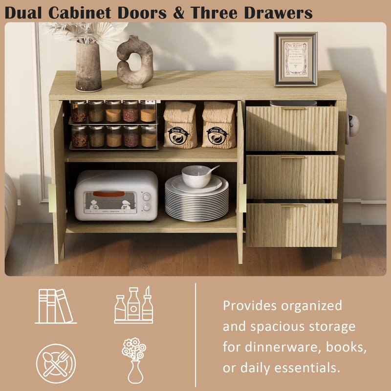 Wave-Pattern Sideboard with Hooks, 2 Doors & 3 Drawers, Large Capacity Buffet Cabinet, Storage Cabinet with Adjustable Shelf
