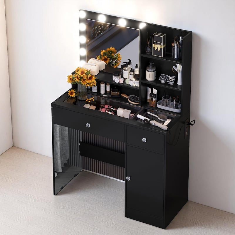 Modern Vanity Table with Hollywood Mirror, 3-Mode LED Lights, Glass Legs, 2 Drawers and USB Charging Station