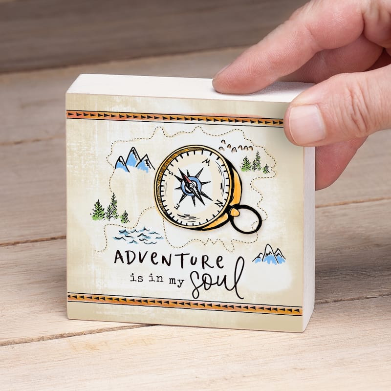 Wood Block Décor Message Adventure in Soul Sign, 3.75 inches Square, Made in The USA - Multi-23
