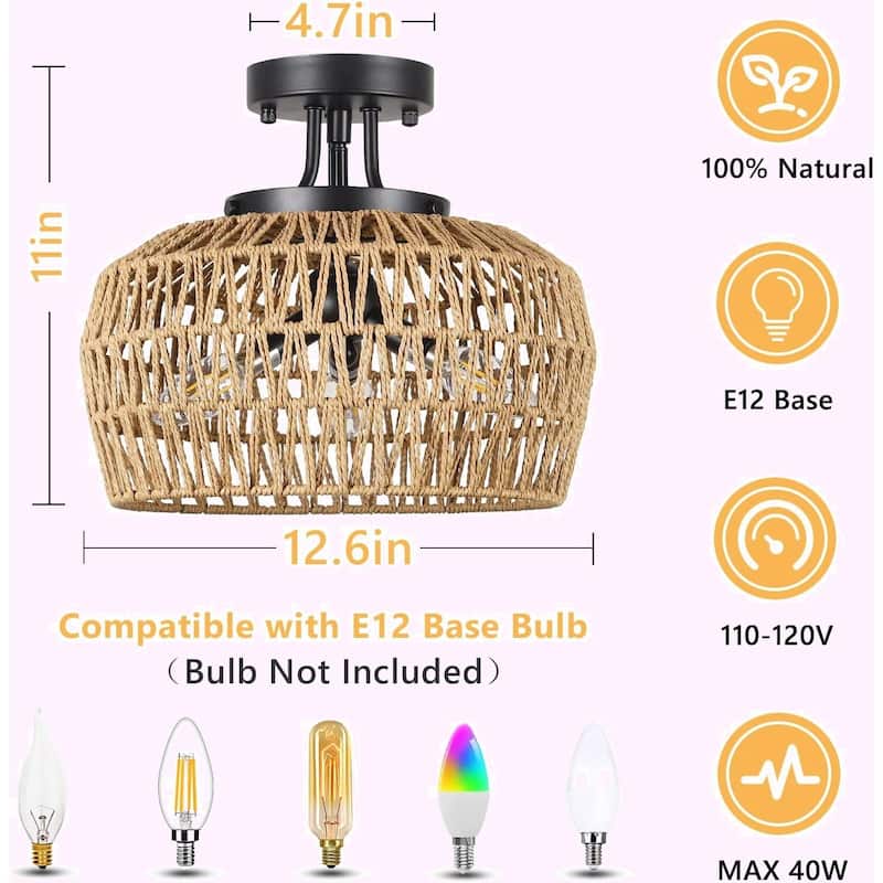 Boho Rattan Semi Flush Mount Ceiling Light - 3-Light, 360° Ample Light, E12 Socket