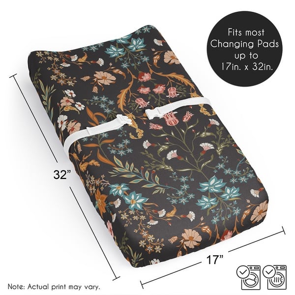 Sweet Jojo Designs Boho Wildflower Vintage Floral Girl Changing Pad Cover Sheet Black Orange Teal Bohemian Farmhouse Cottagecore